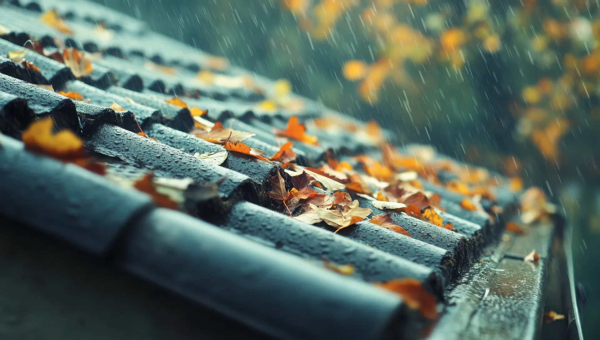 Løv på tak i regnvær.